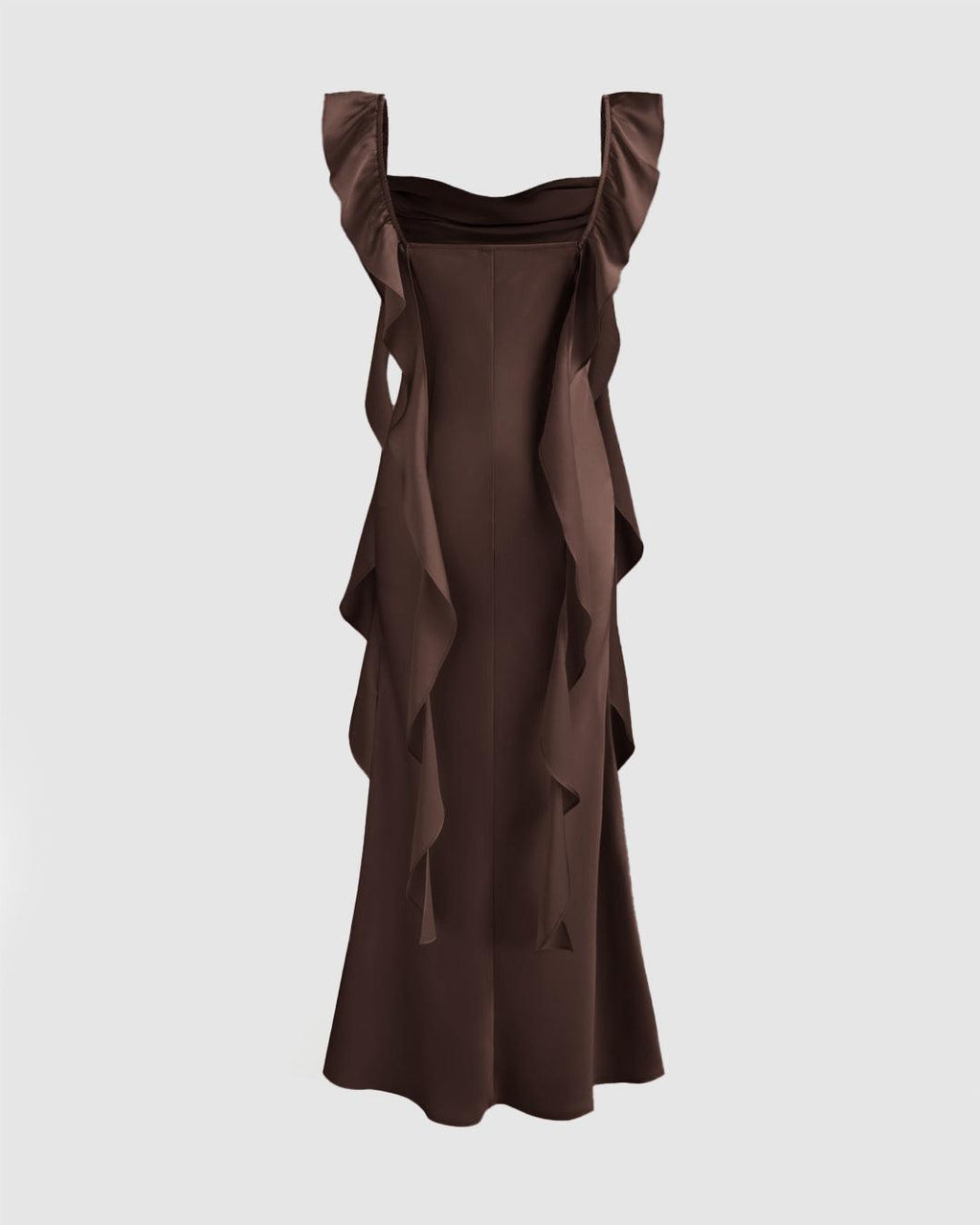 Cowl Neck Ruffle Satin Maxi Dress In Brown