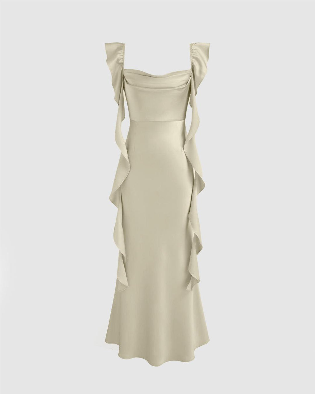 Cowl Neck Ruffle Satin Maxi Dress In Light Gold