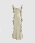 Cowl Neck Ruffle Satin Maxi Dress In Light Gold