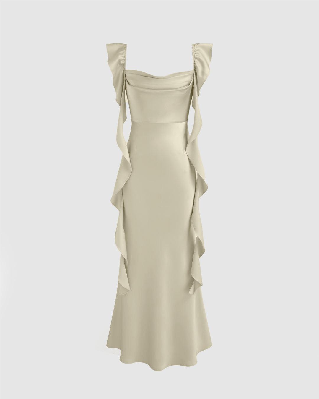 Cowl Neck Ruffle Satin Maxi Dress In Light Gold