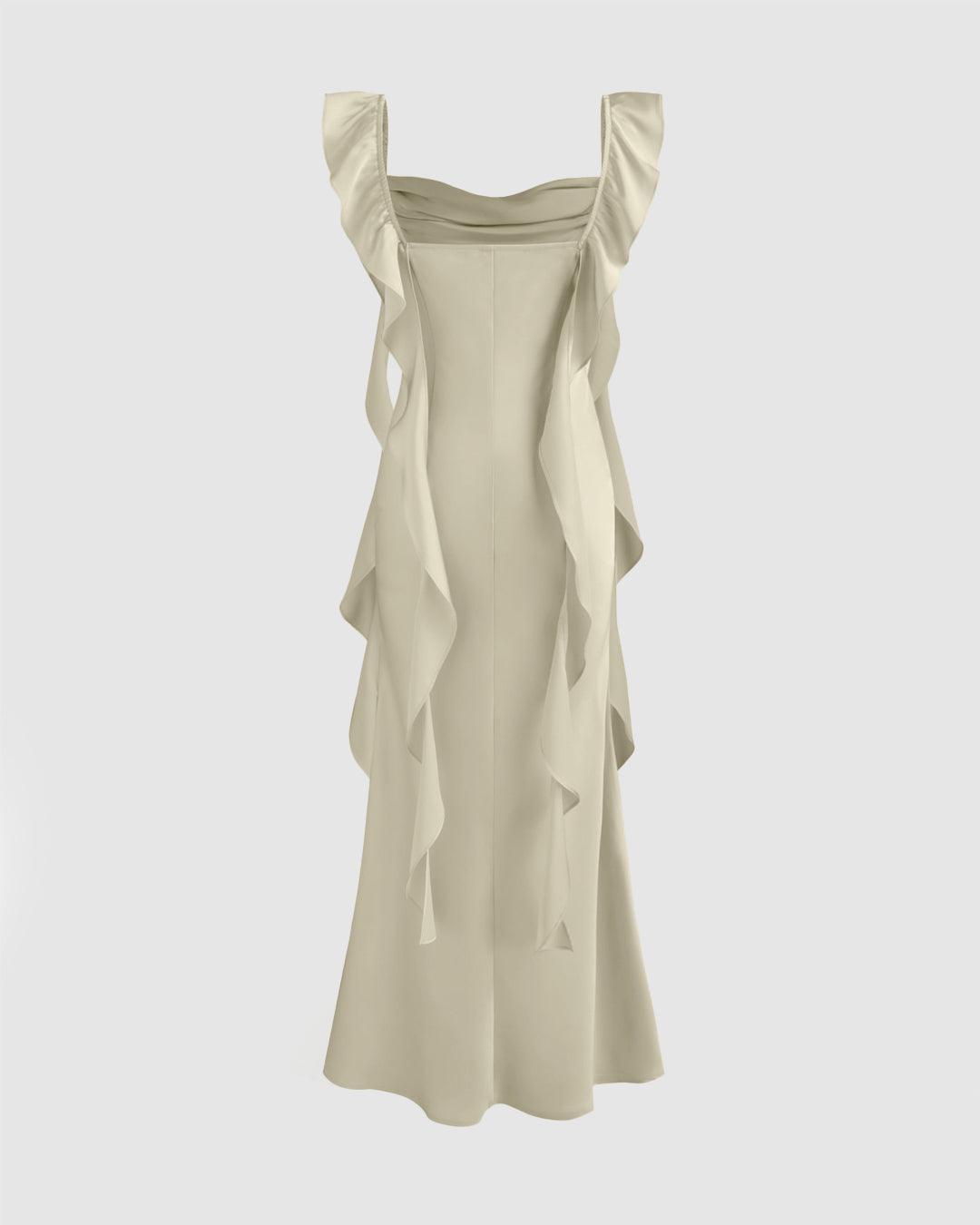 Cowl Neck Ruffle Satin Maxi Dress In Light Gold