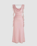 Cowl Neck Solid Ruffle Hem Ruched Maxi Dress In Pink