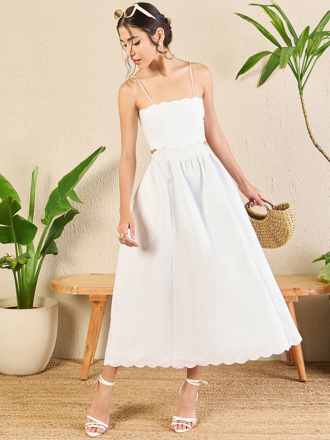 Scalloped Fit and Flare Midi Cotton Dress - Pinkkup