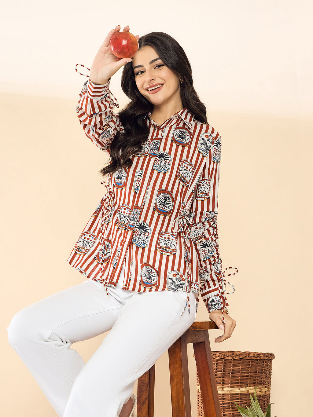 Cinch Waist Pure Cotton Tie-Up Shirt - Pinkkup