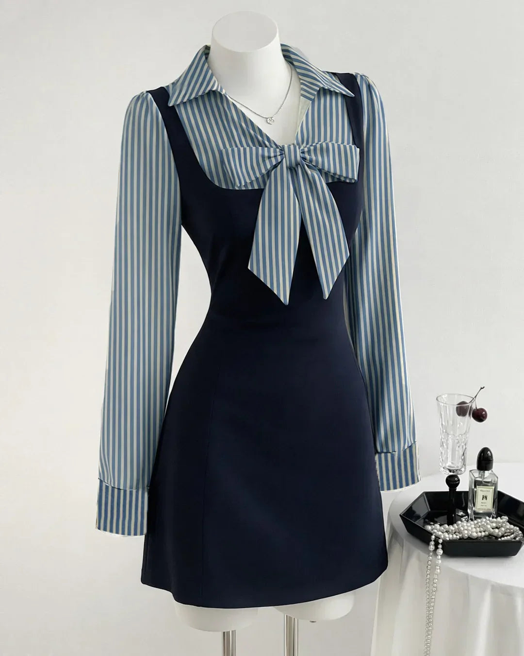 Striped Bow Black Pinafore Mini Dress