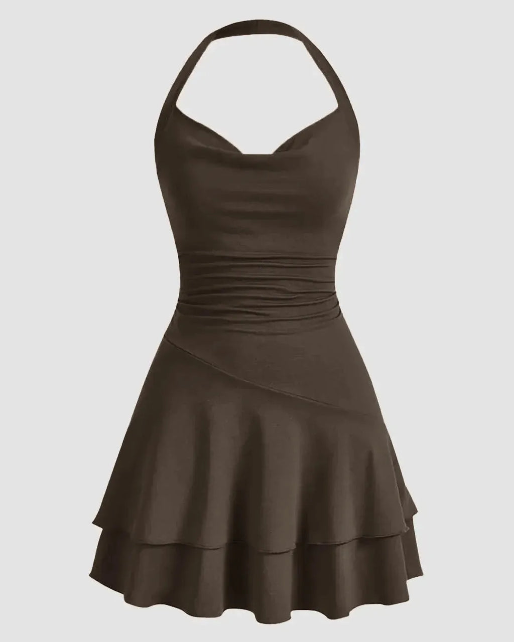 Draped Collar Ruffle Halter Neck Backless Dress Casual in Brown