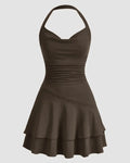 Draped Collar Ruffle Halter Neck Backless Dress Casual in Brown