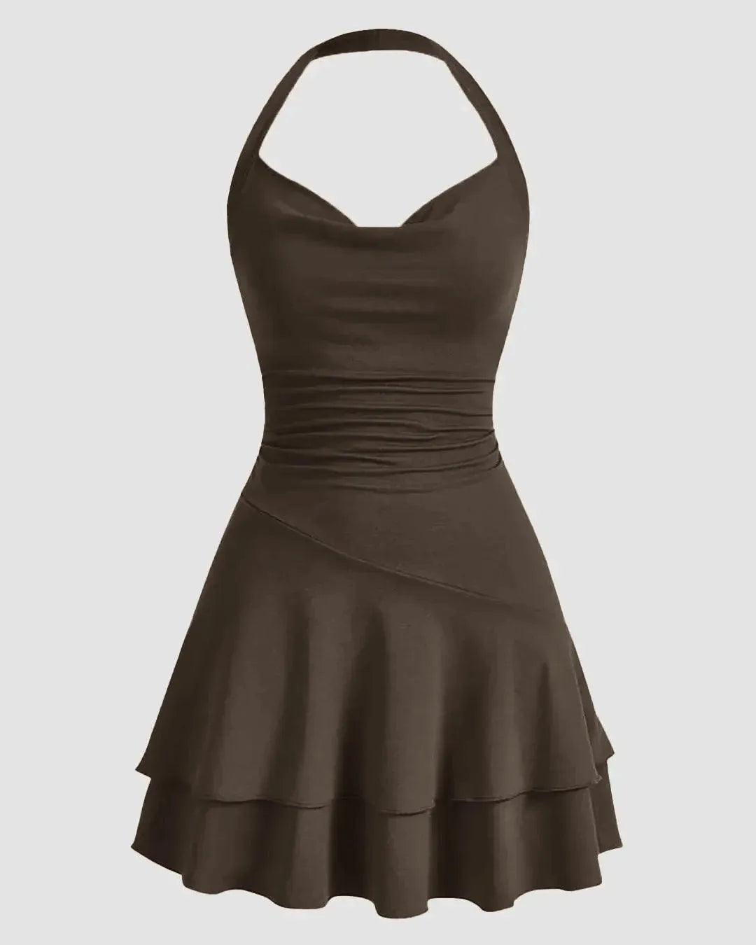 Draped Collar Ruffle Halter Neck Backless Dress Casual in Brown