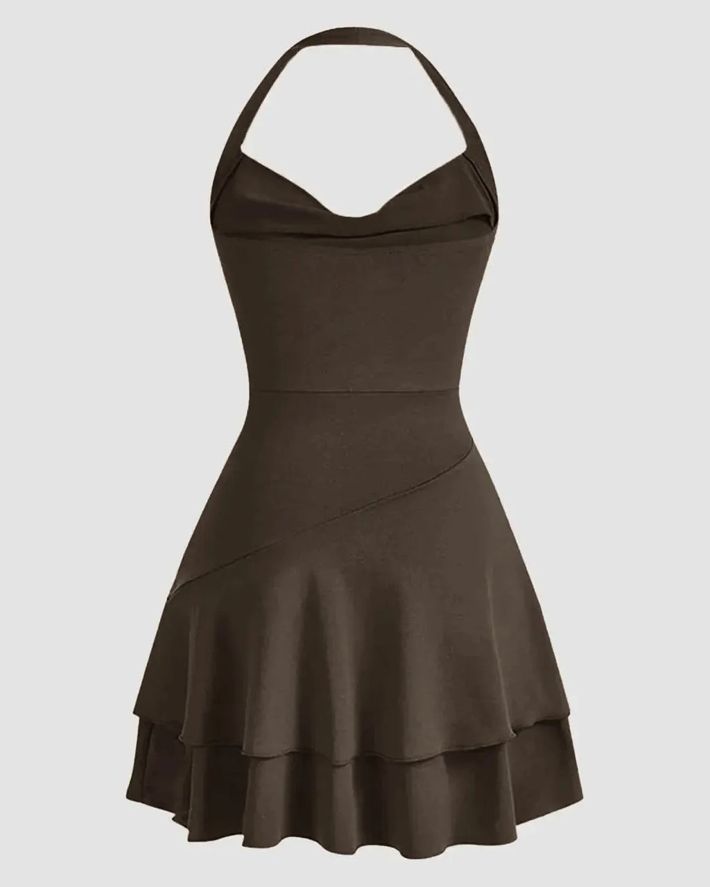 Draped Collar Ruffle Halter Neck Backless Dress Casual in Brown