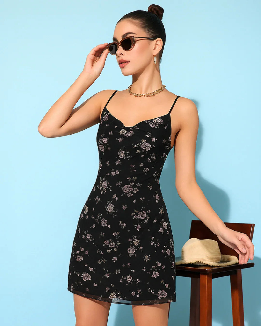 Floral Print Cami Black Swing Collar Mesh Print Dress