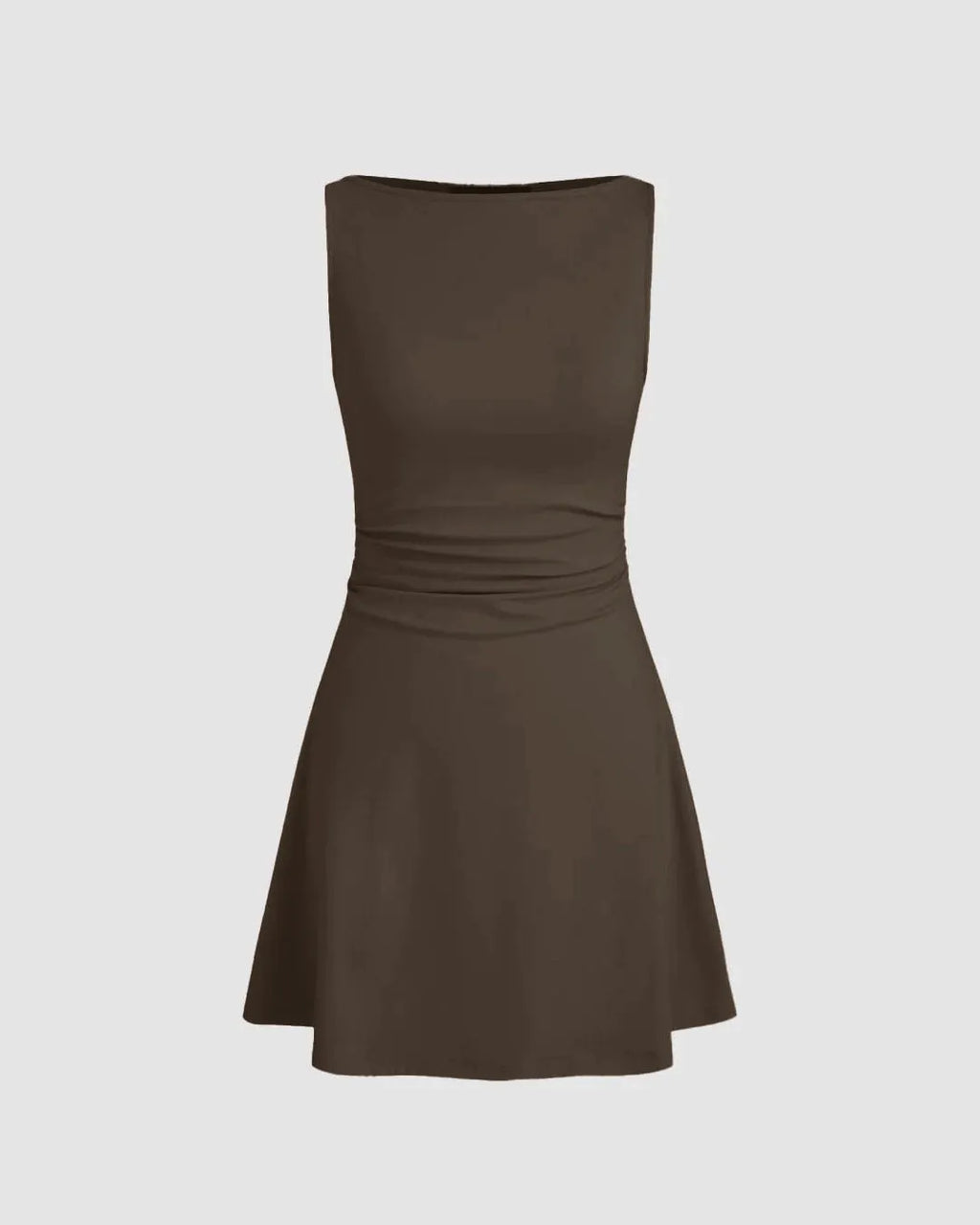 Boat Neck Solid Ruched Sleeveless Brown Mini Dress