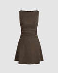 Boat Neck Solid Ruched Sleeveless Brown Mini Dress
