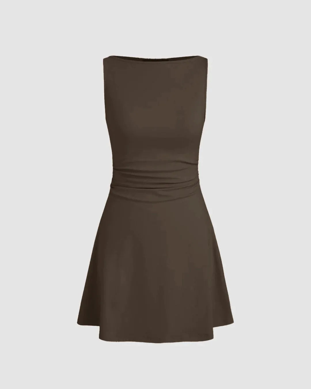 Boat Neck Solid Ruched Sleeveless Brown Mini Dress