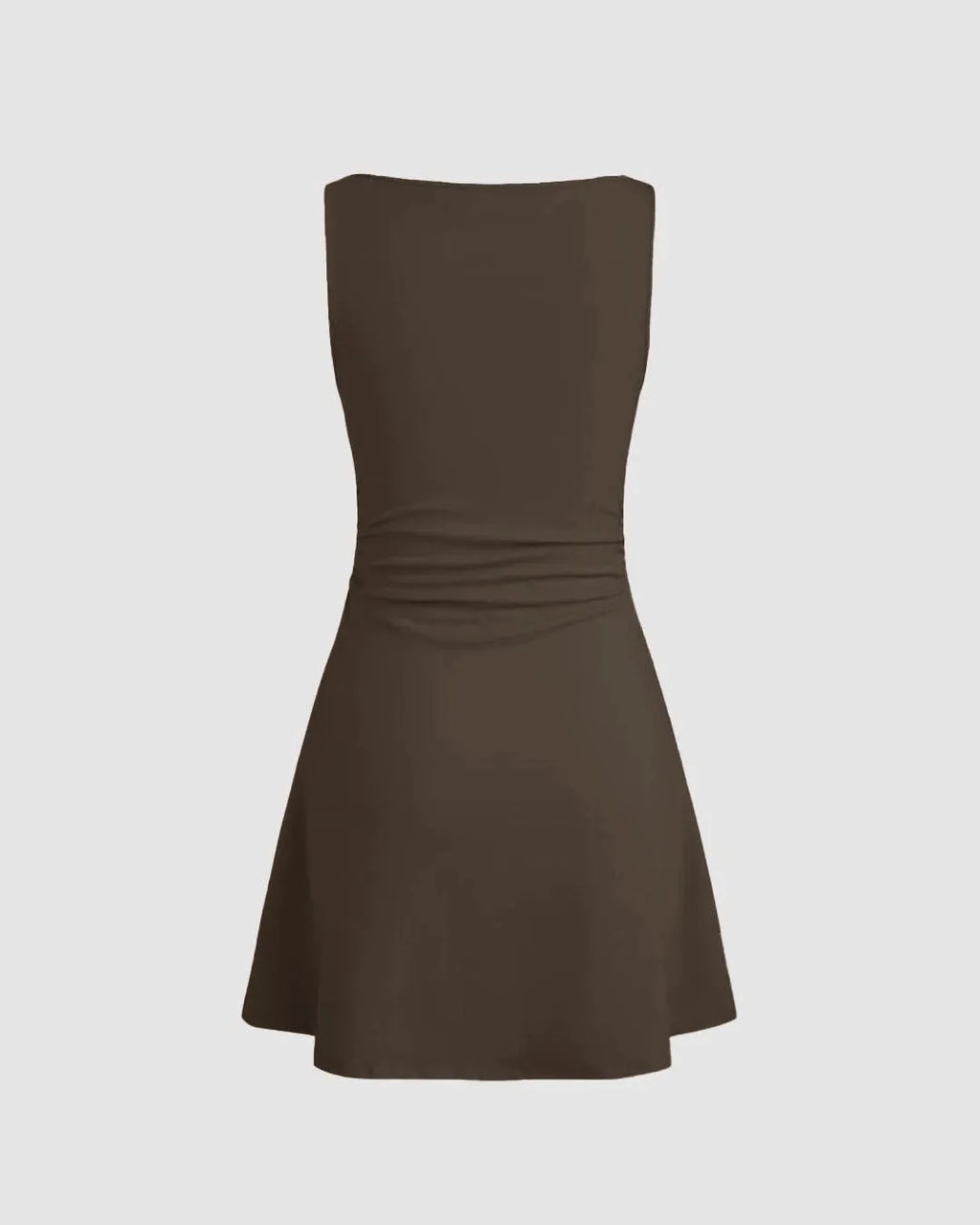 Boat Neck Solid Ruched Sleeveless Brown Mini Dress