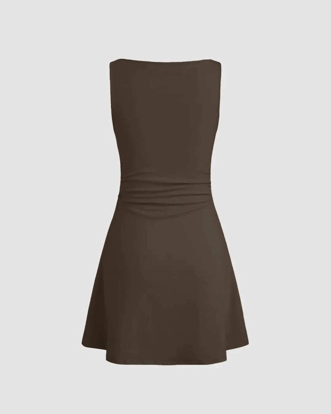 Boat Neck Solid Ruched Sleeveless Brown Mini Dress
