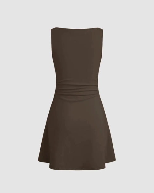 Boat Neck Solid Ruched Sleeveless Brown Mini Dress
