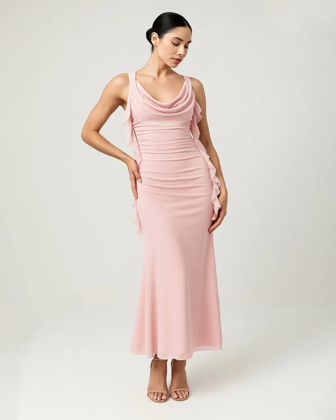 Cowl Neck Solid Ruffle Hem Ruched Maxi Dress In Pink
