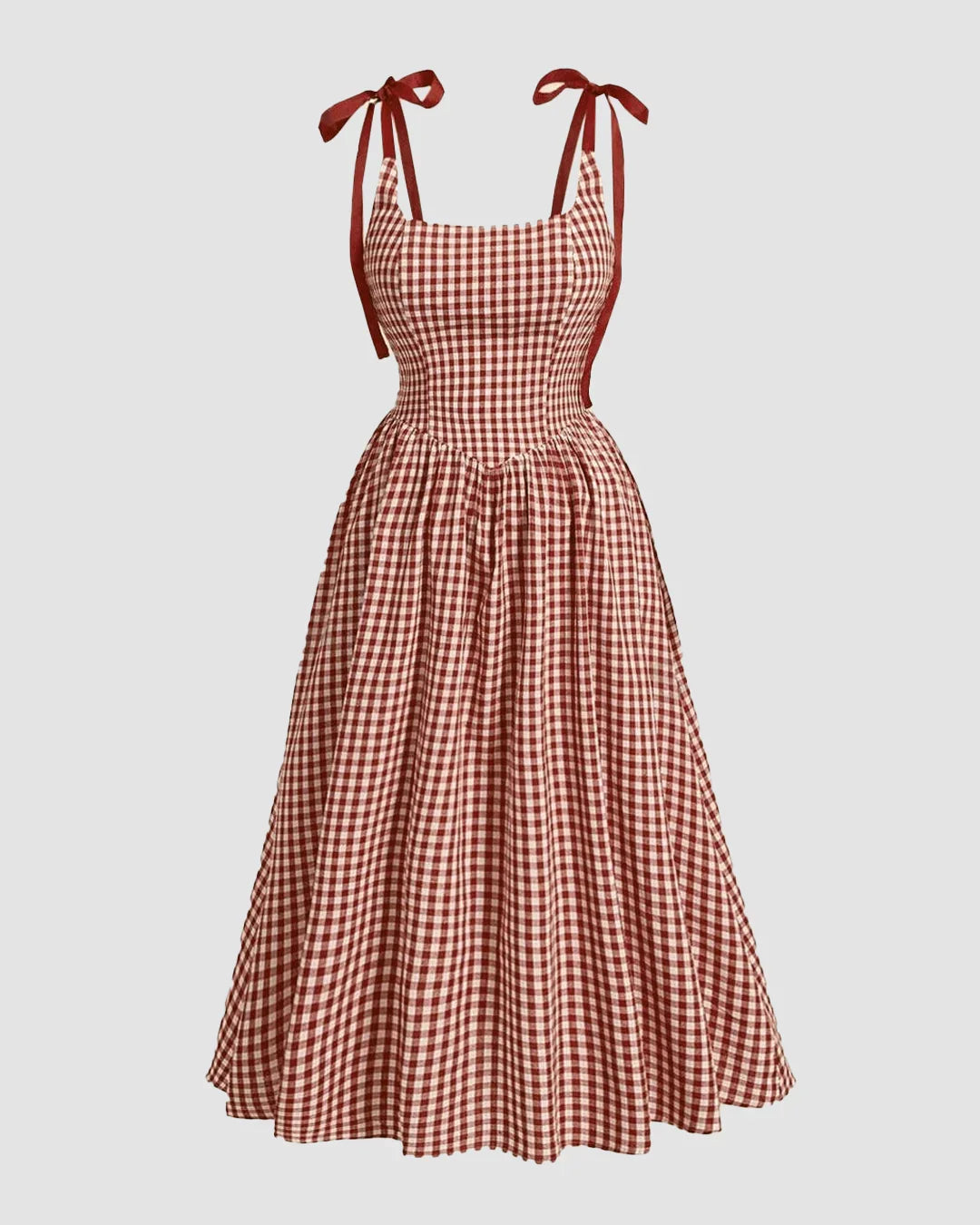 Summer Elegant Grid Shoulder Tie Red Cami Dress
