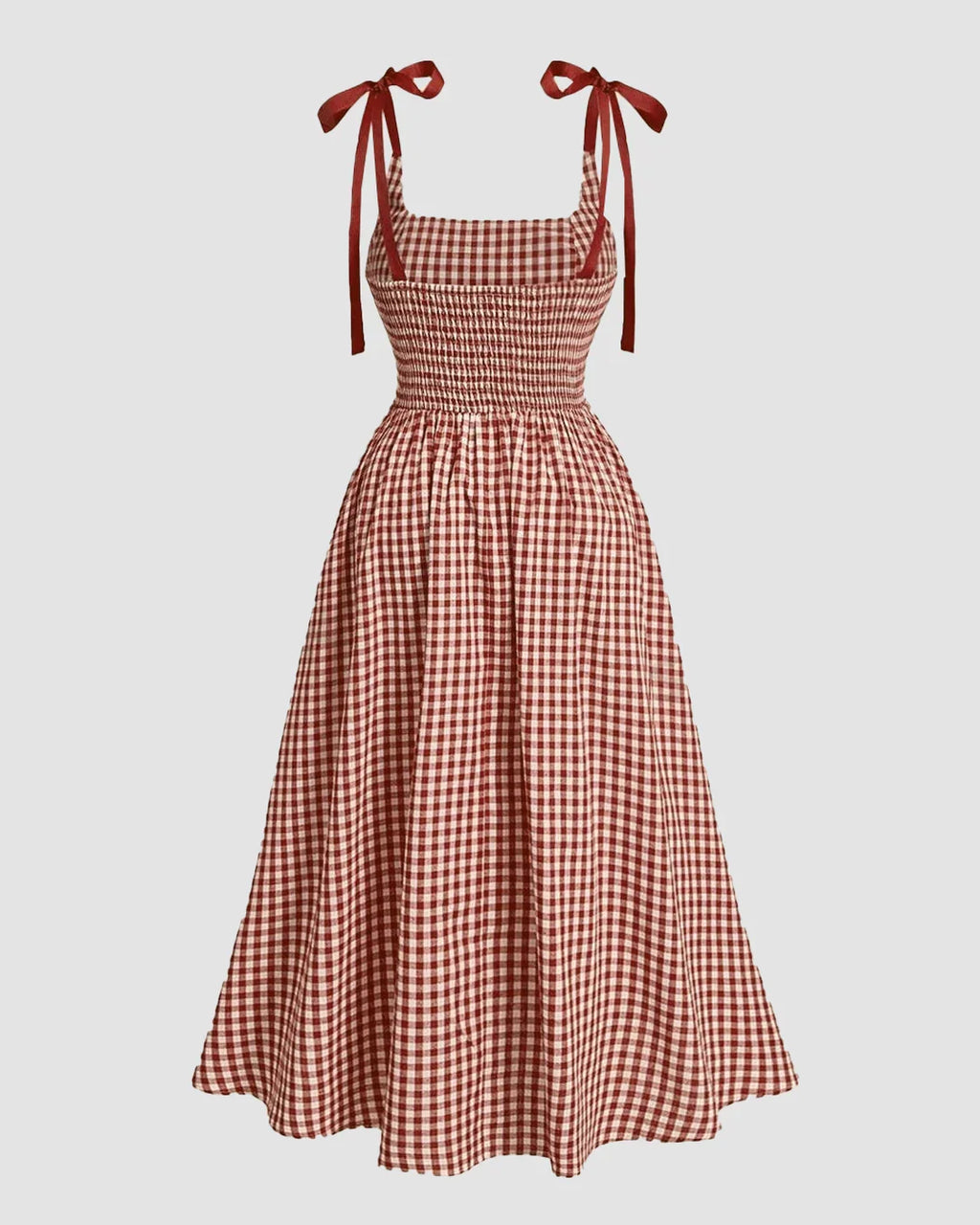 Summer Elegant Grid Shoulder Tie Red Cami Dress