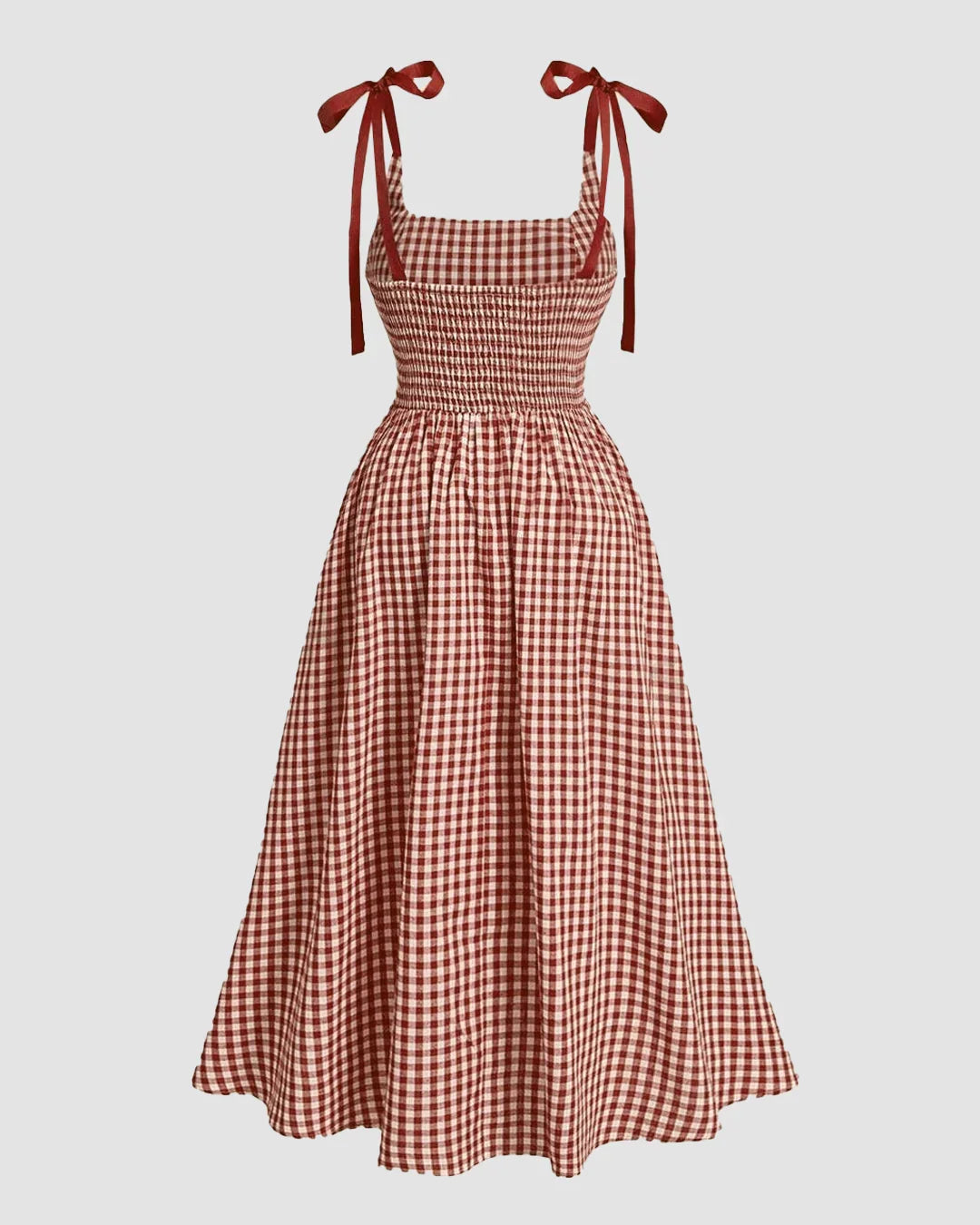 Summer Elegant Grid Shoulder Tie Red Cami Dress