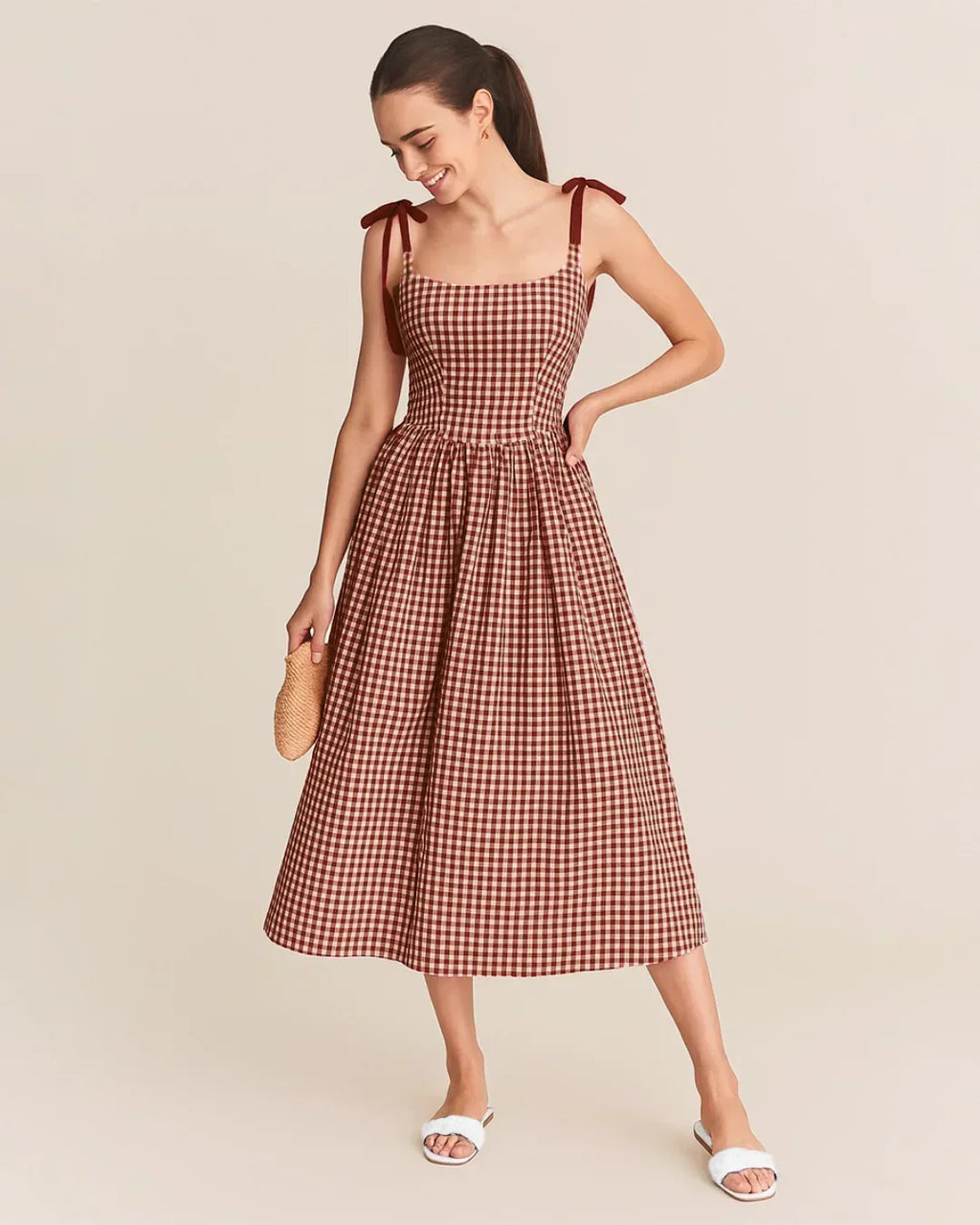 Summer Elegant Grid Shoulder Tie Red Cami Dress