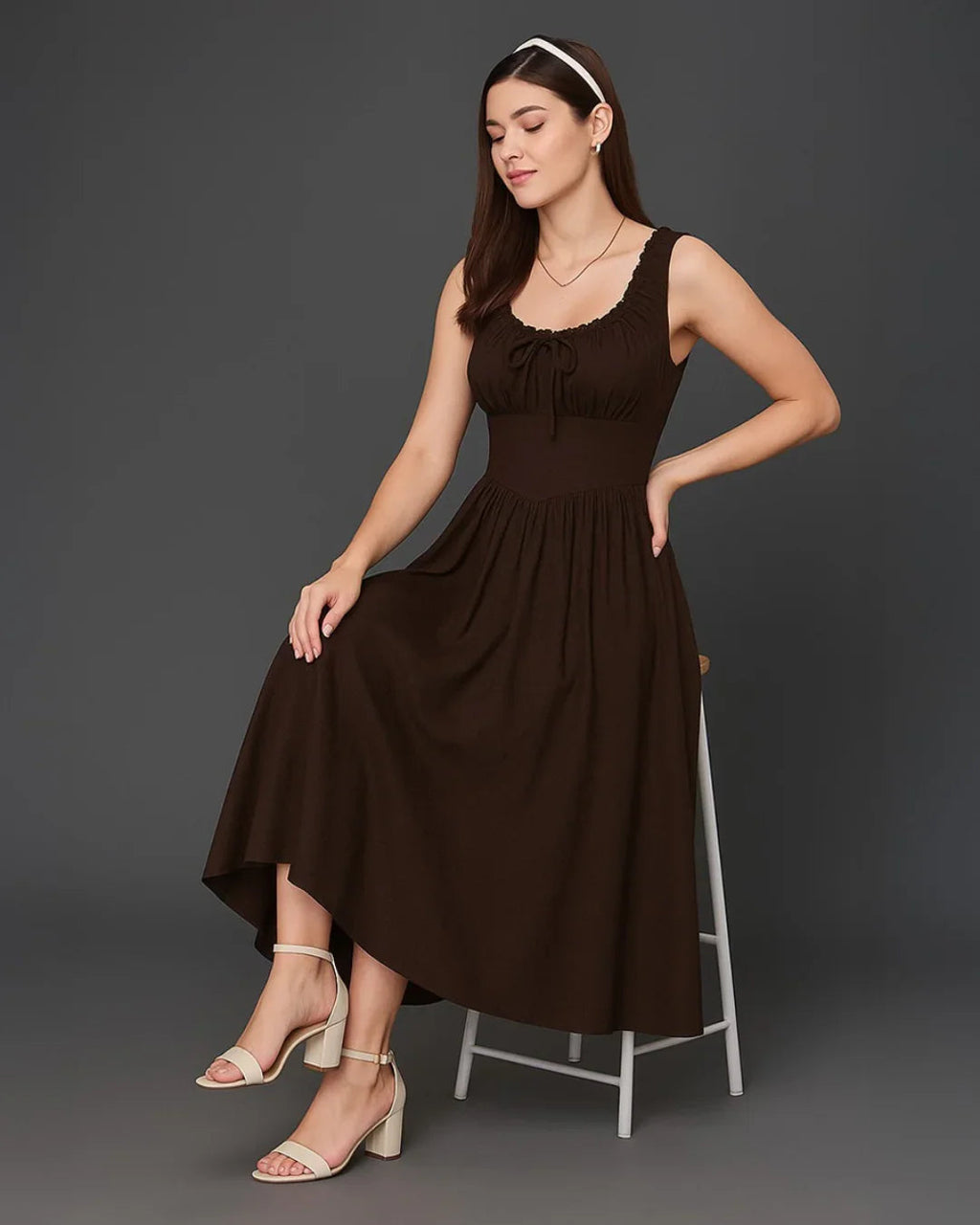 Solid Ruched Bust Dress In Chocolate Fondae