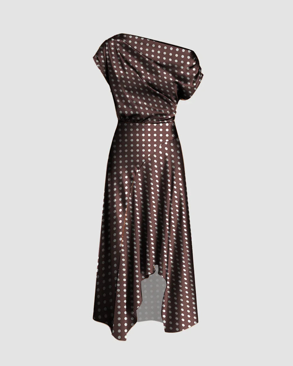 Brown Polka Dot Print One Shoulder Asymmetrical Midi Dress