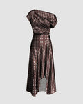 Brown Polka Dot Print One Shoulder Asymmetrical Midi Dress