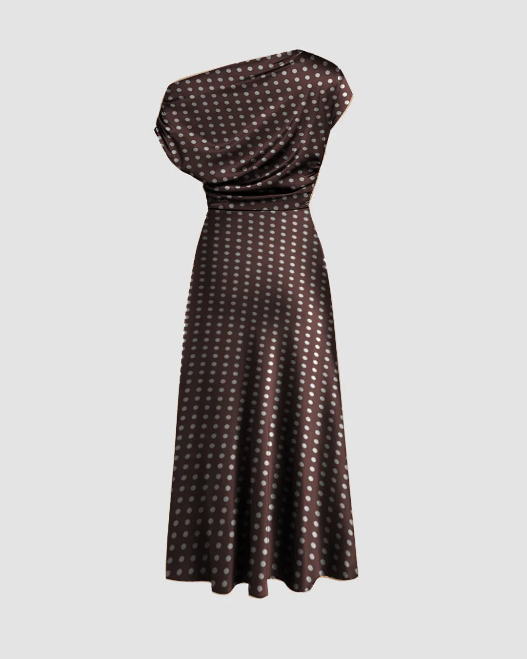 Brown Polka Dot Print One Shoulder Asymmetrical Midi Dress
