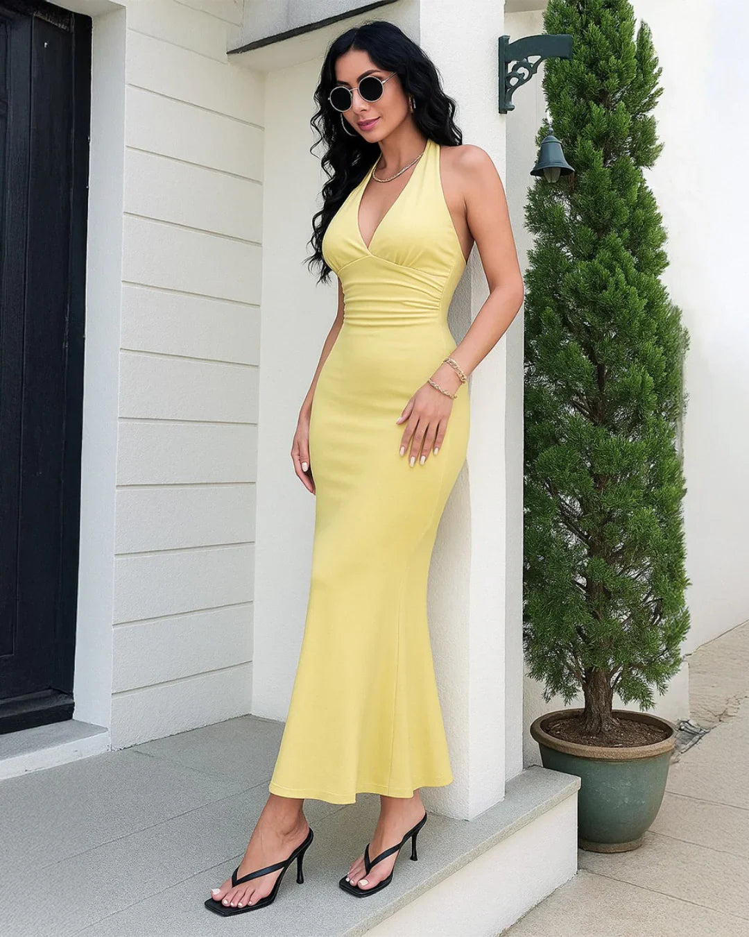 Deep V Neck Halter Backless Maxi Dress in Vanilla