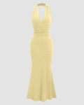 Deep V Neck Halter Backless Maxi Dress in Vanilla