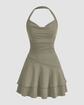 Draped Collar Double Layer Ruffle Halter Neck Ruched Dress In Olive Green