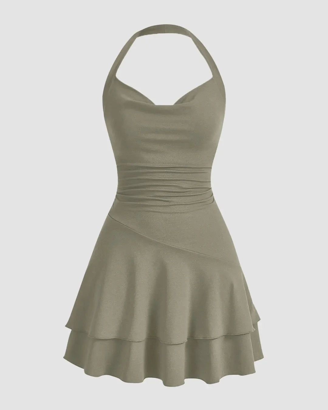 Draped Collar Double Layer Ruffle Halter Neck Ruched Dress In Olive Green