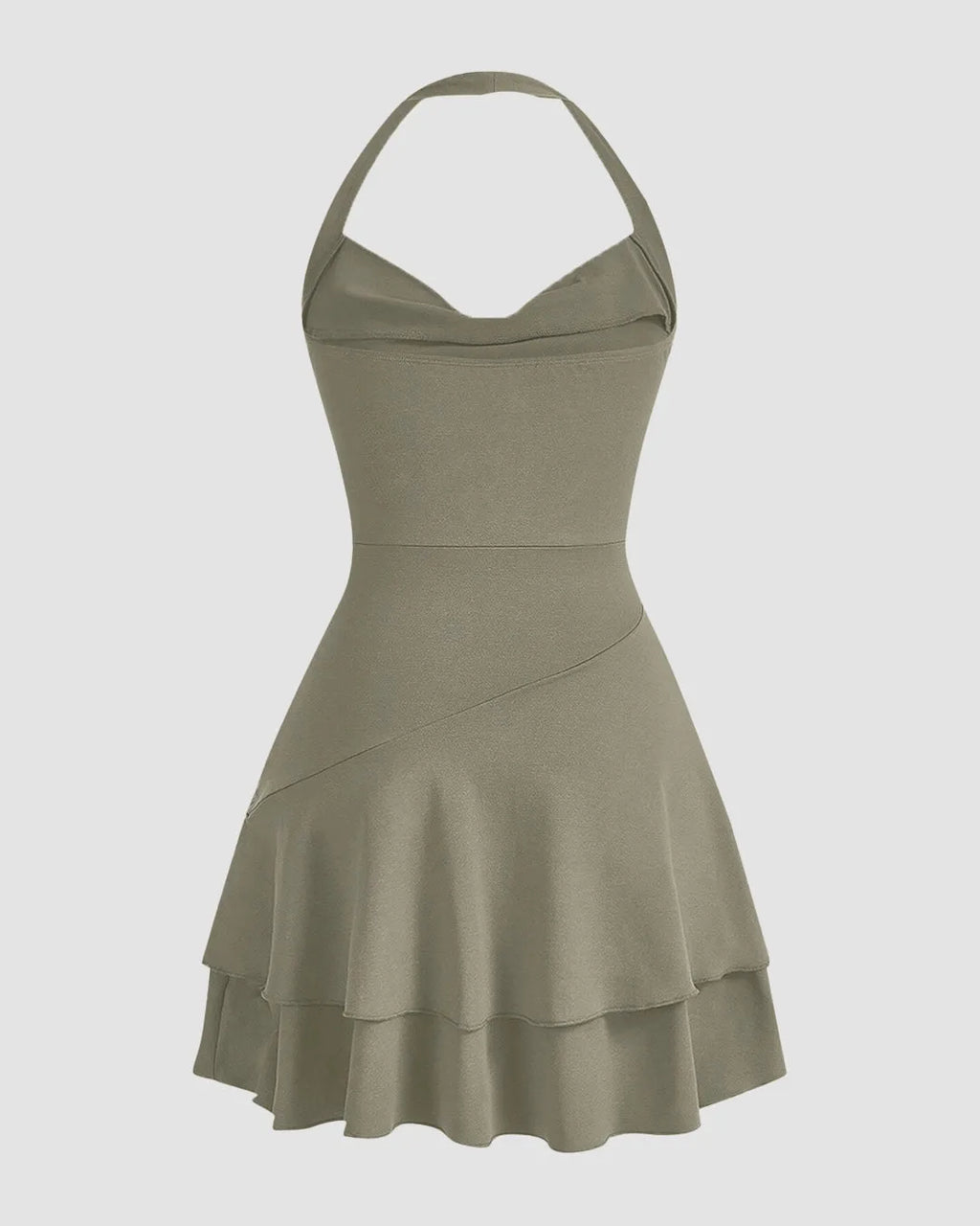 Draped Collar Double Layer Ruffle Halter Neck Ruched Dress In Olive Green