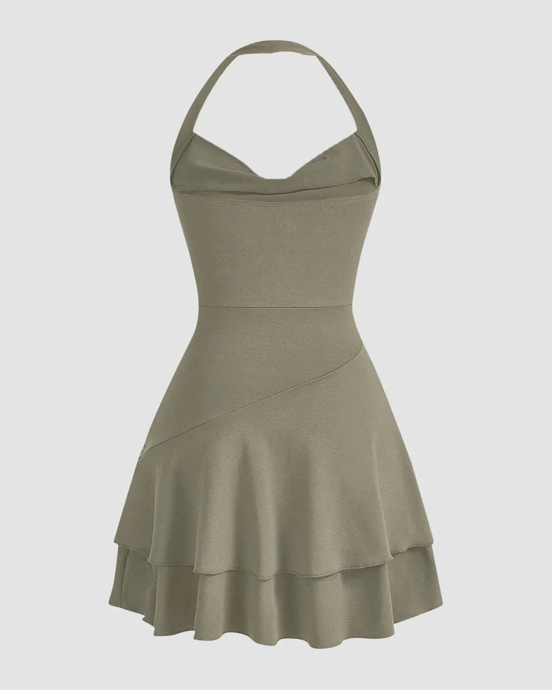 Draped Collar Double Layer Ruffle Halter Neck Ruched Dress In Olive Green