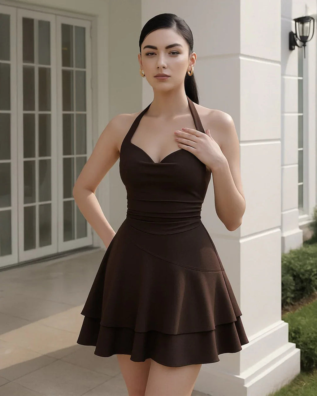 Draped Collar Ruffle Halter Neck Backless Dress Casual in Brown