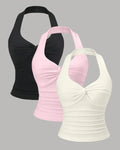 Ruched Halter Neck Combo Tops in Milky White, Black & Baby Pink