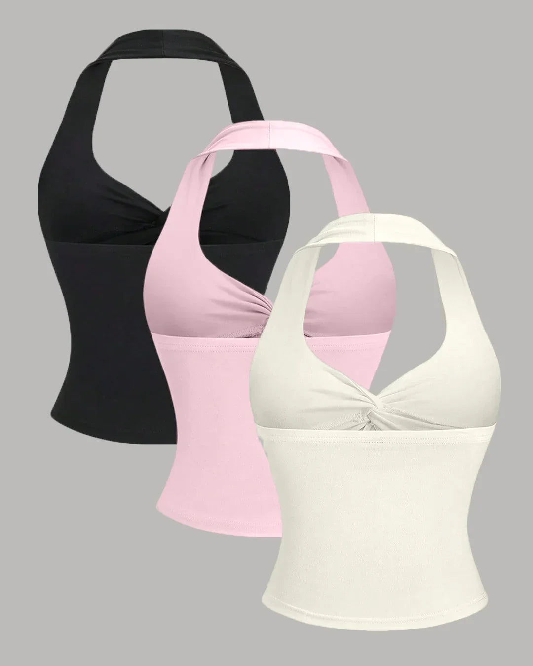 Ruched Halter Neck Combo Tops in Milky White, Black & Baby Pink