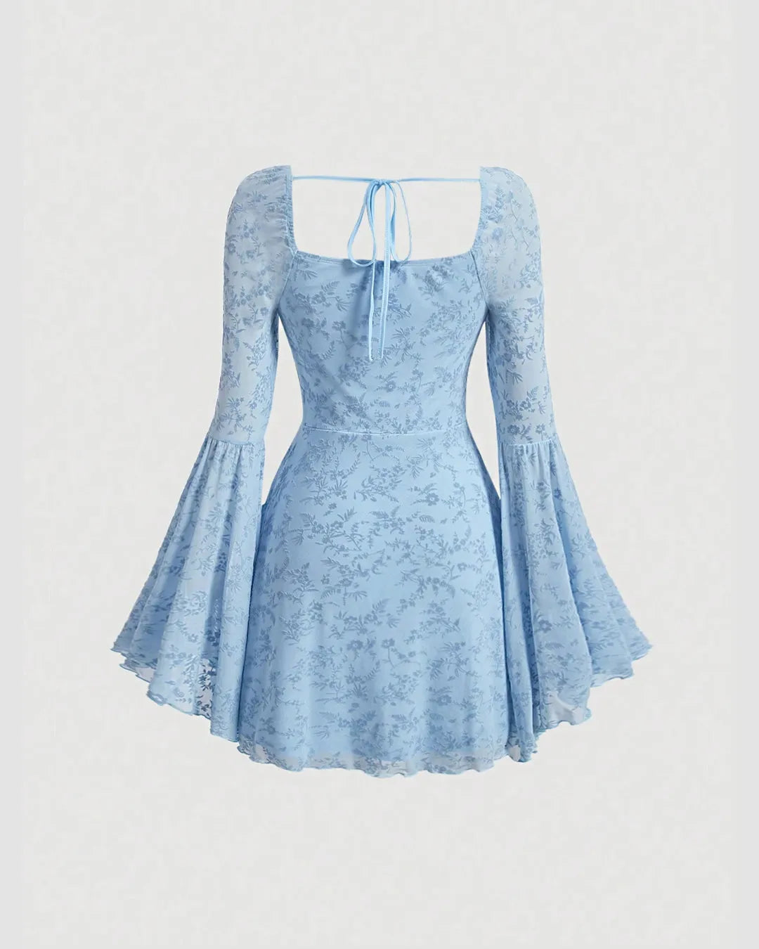 Dusty Blue Lace Flare Sleeve Mini Dress with Ruched Front