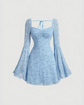 Dusty Blue Lace Flare Sleeve Mini Dress with Ruched Front