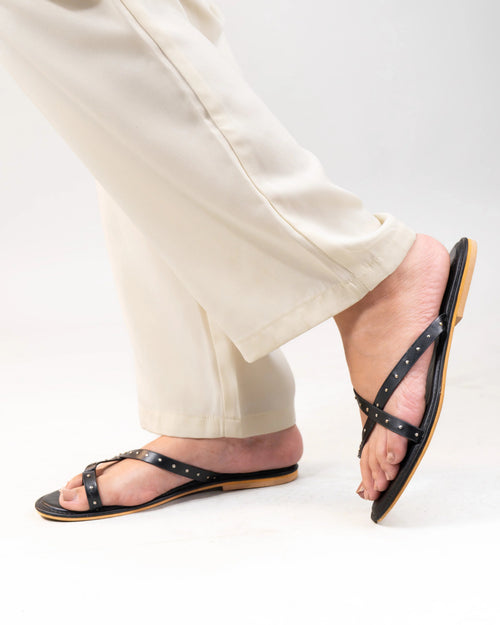 Black Criss Cross Metallic Stud Detailed Flat Sandals