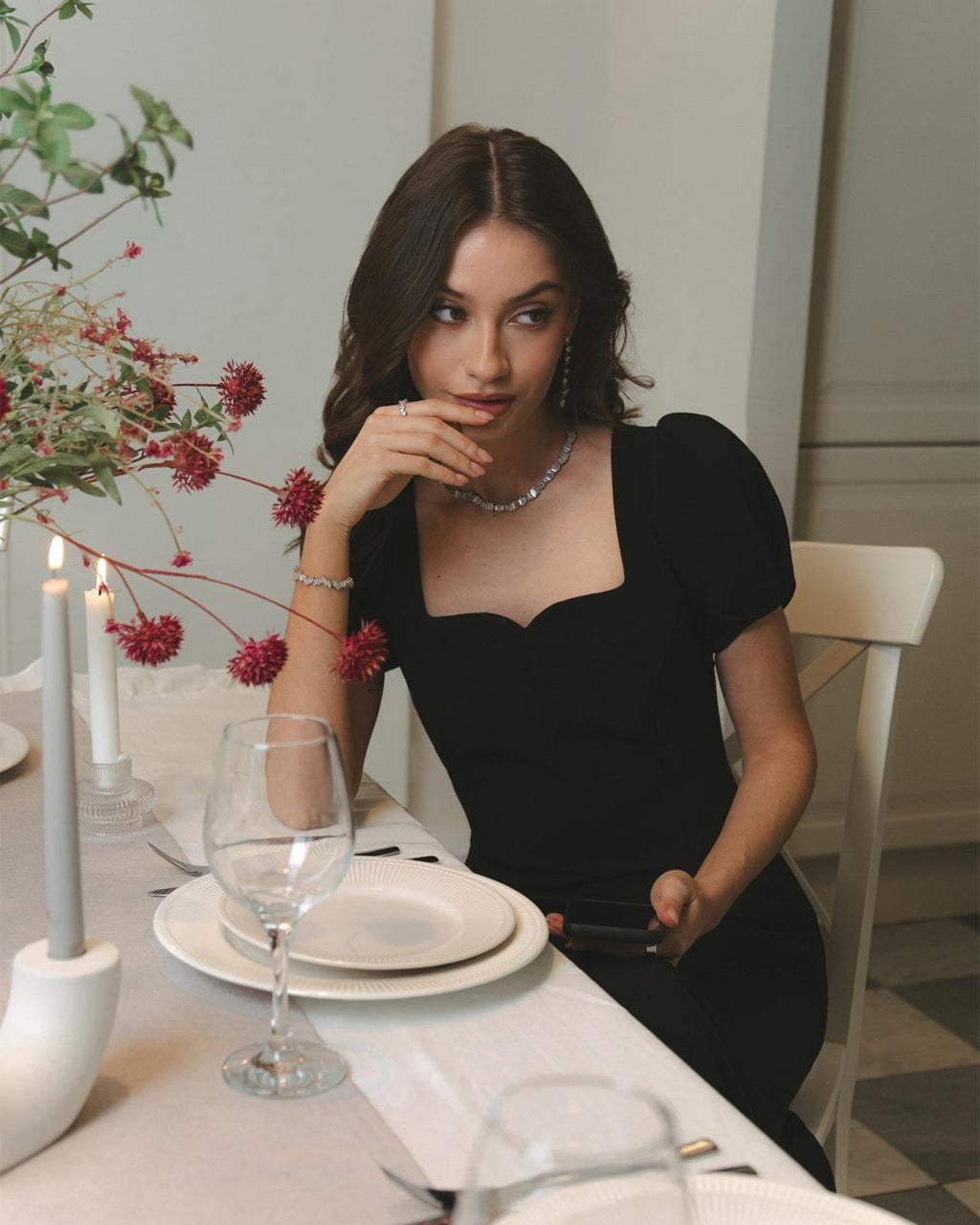Black Midi Dress With Fitted Puff Sleeves