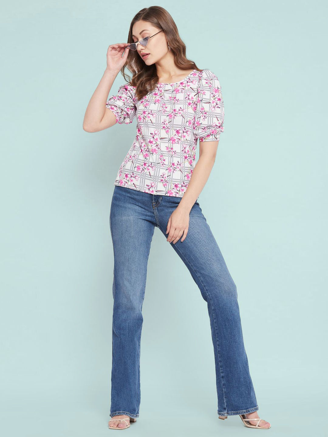 Cotton Floral Stretchable Puff Sleeve Top - Pinkkup
