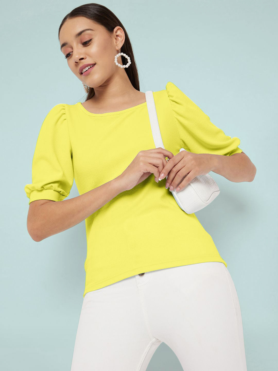 Cotton Solid Stretchable Round Neck Puff Sleeve Top - Pinkkup