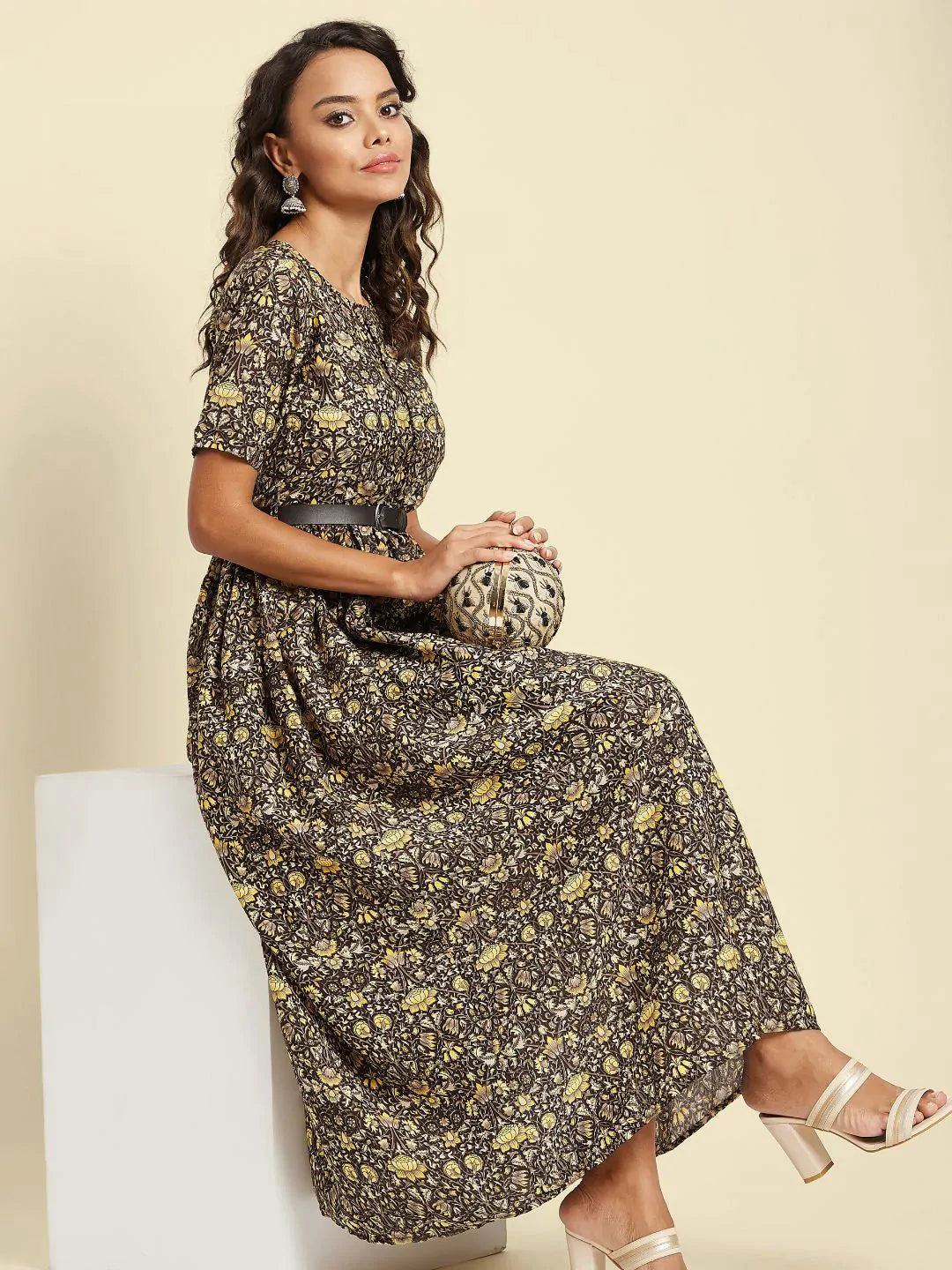 Printed Maxi Dress with Belt - Pinkkup
