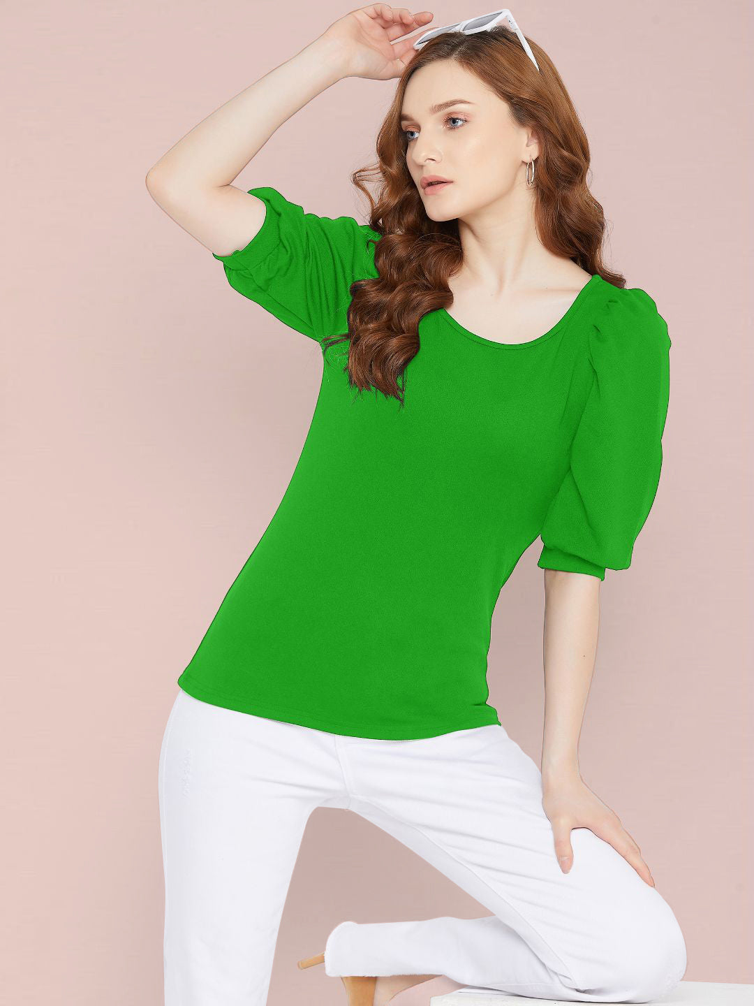 Cotton Solid Stretchable Round Neck Puff Sleeve Top - Pinkkup