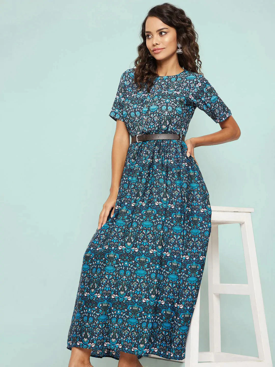 Printed Maxi Dress with Belt - Pinkkup
