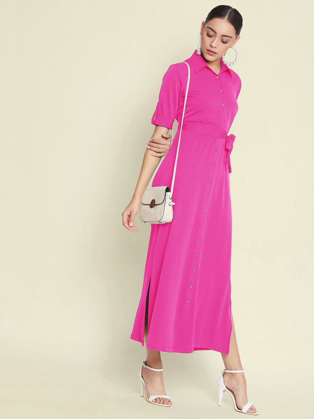 Collar Buttoned Down Shirt Maxi Dress - Pinkkup