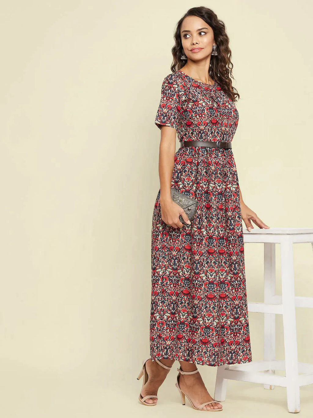 Printed Maxi Dress with Belt - Pinkkup