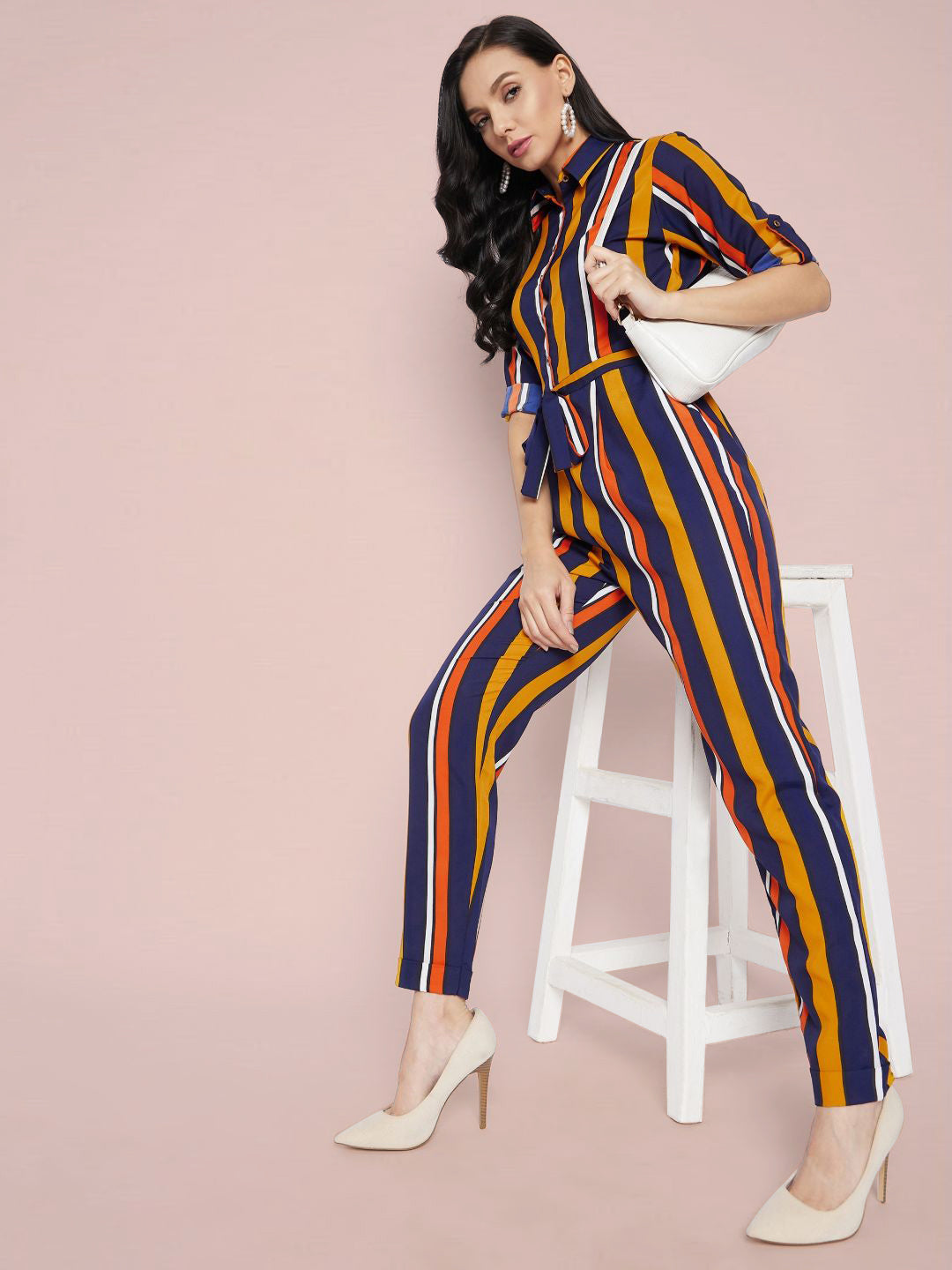 Striped Roll Up Jumpsuit - Pinkkup